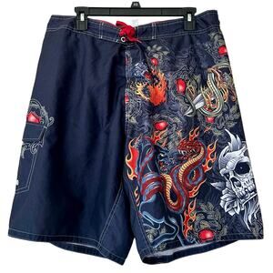 Vintage Joe Boxer swim trunks Skulls Dragon Y2K swimming board shorts swim Large